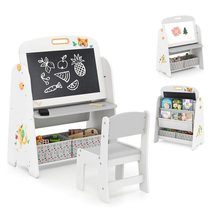 KINDERSTAFFELEI-SET mit Stuhl grau(2-tlg) - Grau, Holzwerkstoff (60/80/40cm) - COSTWAY