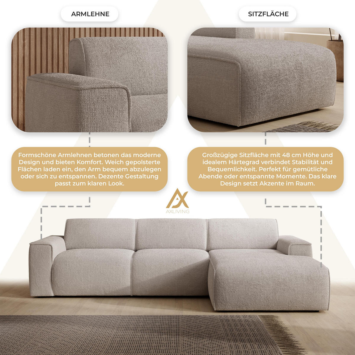 ECKSOFA L Form Didim mini Creme 310/165/78 cm – stilvolle kleine Eckcouch R - Creme/Schwarz, Kunststoff/Textil (310/165cm) - AX Living