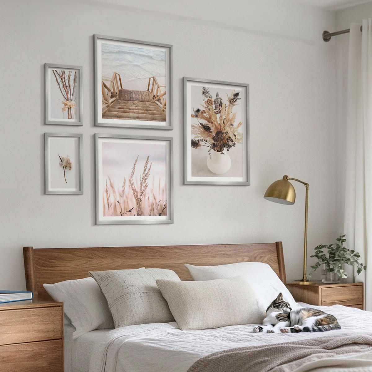 BILDER SET 5er Set - 50x50 cm & 20x30 cm & 40x60 cm Silberner Rahmen - Blumenzweige Minimalismus Natur - Silberfarben, Kunststoff (40/60cm) - TULUP