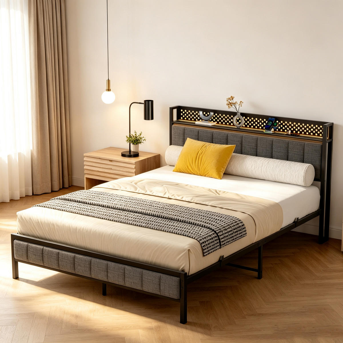 METALLBETT 140/200 cm in Schwarz mit gepolstertem Kopfteil, LED und USB - Schwarz, Holzwerkstoff/Textil (140/200cm) - CHICFURN