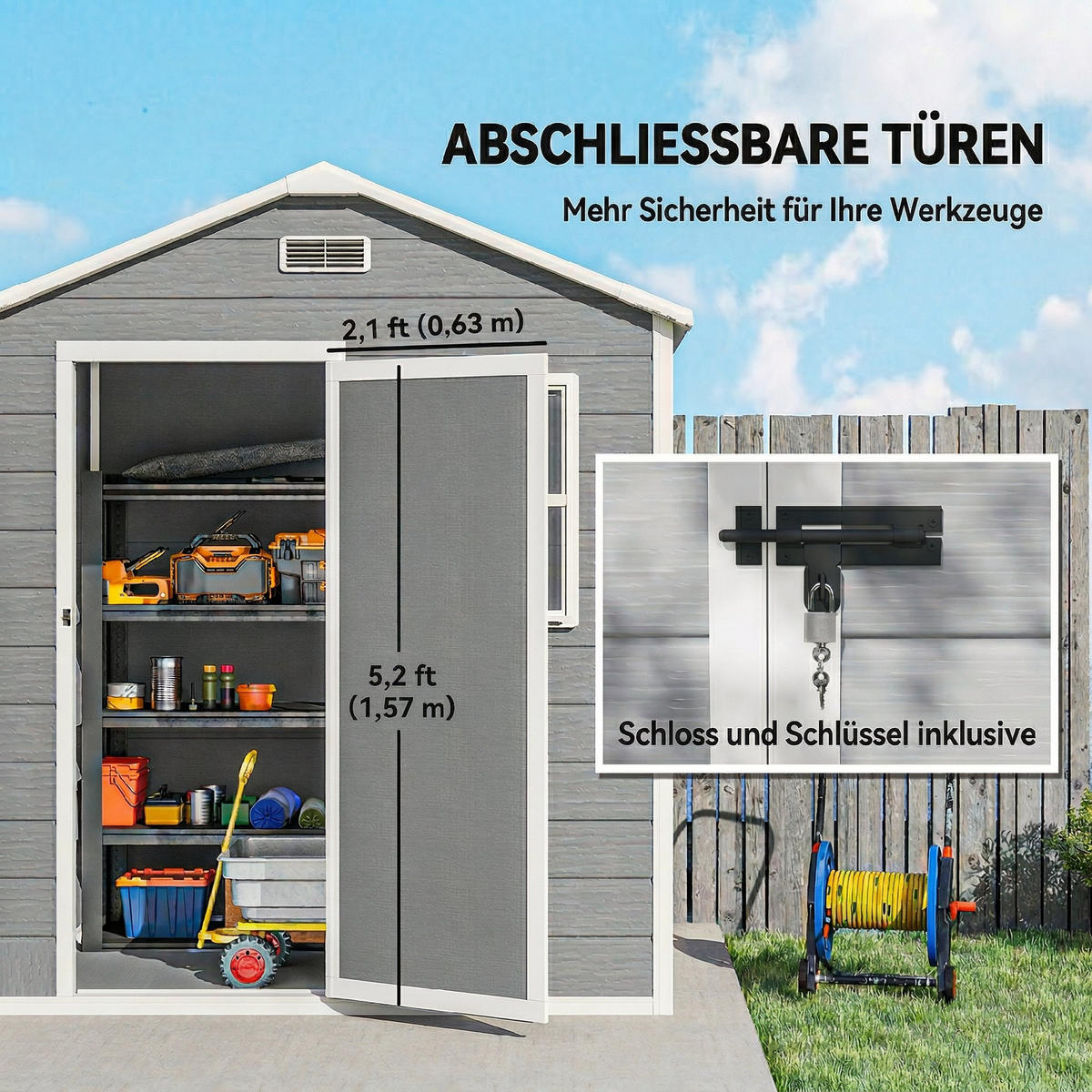 GERÄTEHAUS DE-08142 mit Satteldach & abschließbarer Tür - Grau, Kunststoff (121/200/182cm) - ComfortXL