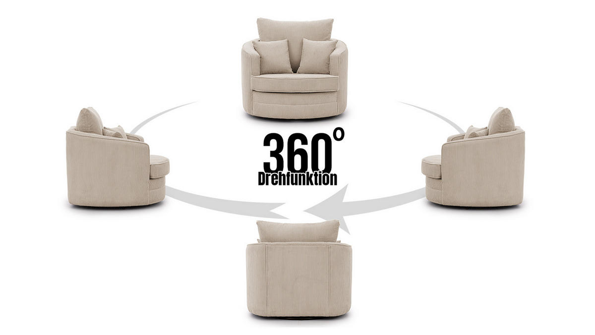 DREHSESSEL Ted aus Beige Cord-Stoff - Beige/Schwarz, Holz/Textil (107/94/100cm) - S-Style Möbel