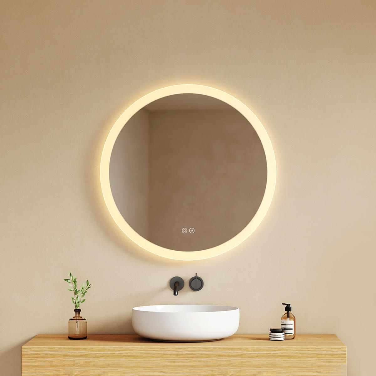 OGLEDALO KUPAONSKO okruglo s LED rasvjetom ruba, 3 boje svjetla, protiv zamagljivanja Ø 60 cm - prozirno, staklo (60/60/3.5cm) - EMKE