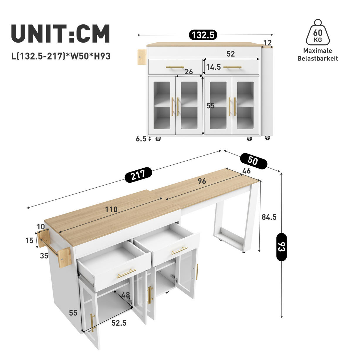 KÜCHENINSEL ausziehbar 132,5-217 x 50 x 93 cm MDF Weiß - Weiß, Holz (50/93/217cm) - Beauniv