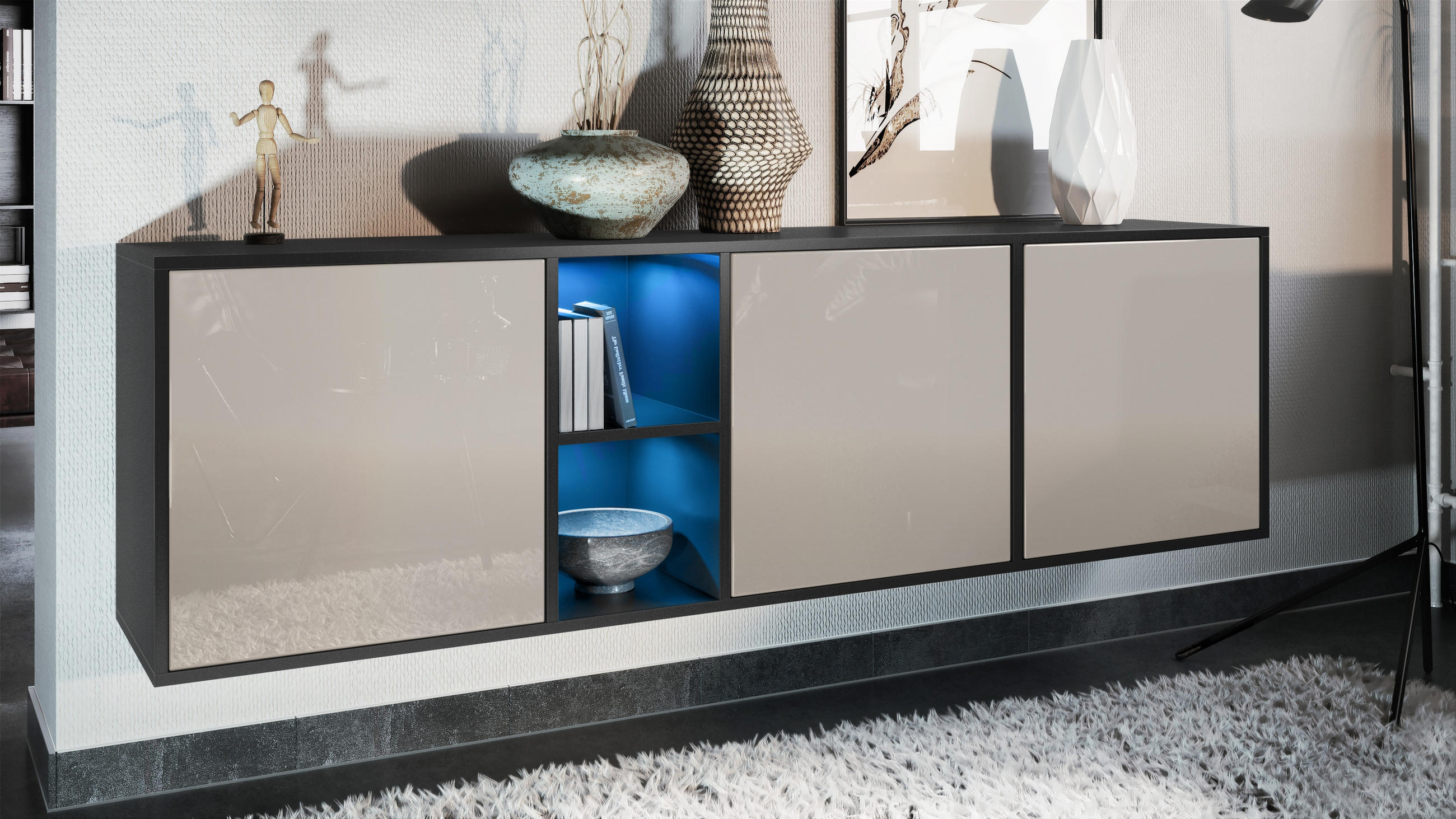 SIDEBOARD Cuba Türen in Sandgrau Hochglanz - Sandfarben, Holzwerkstoff (182/53/35cm) - Vladon