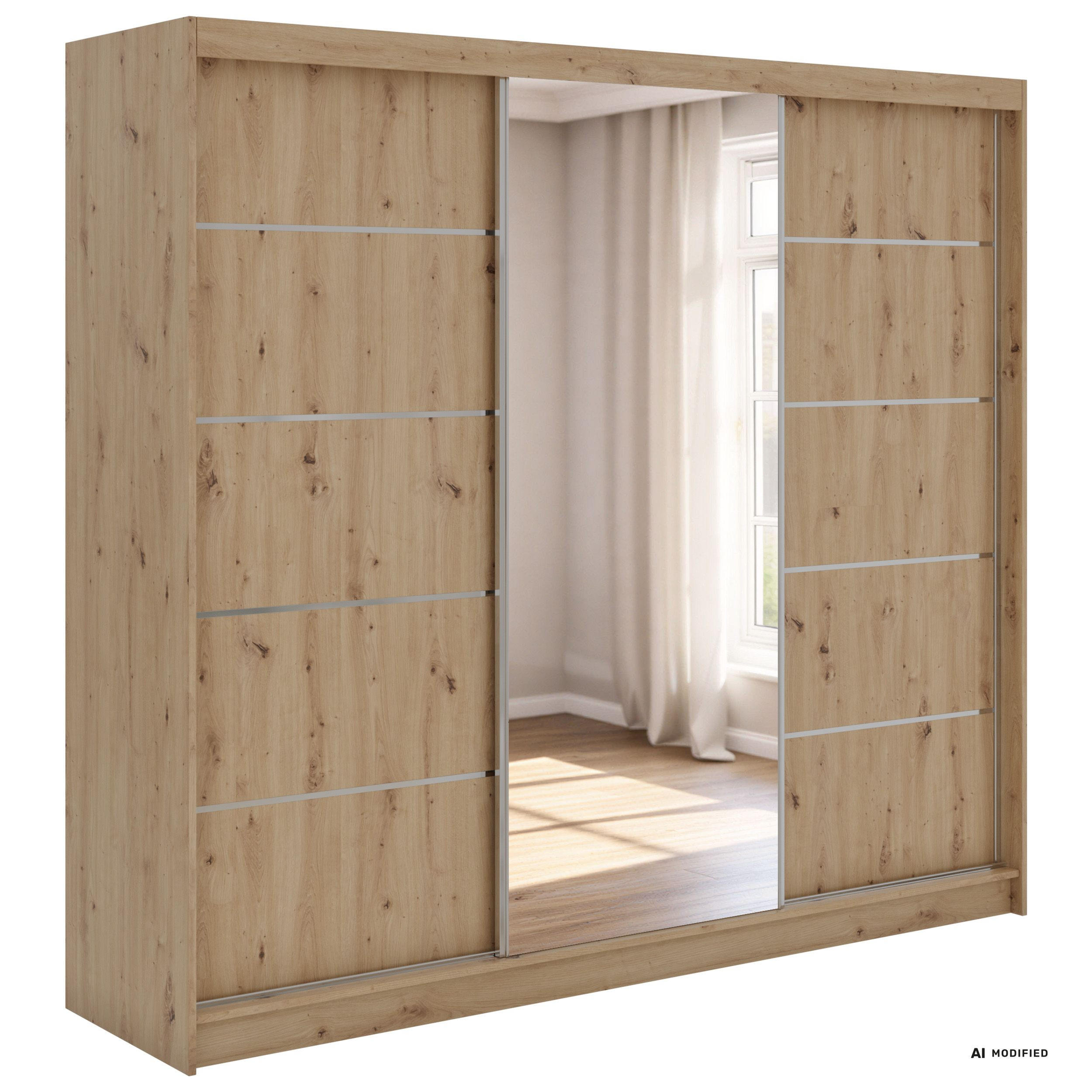 SCHWEBETÜRENSCHRANK 240 - SKORIA - Eiche Artisan mit Spiegel - Alufarben/Eiche Artisan, Holzwerkstoff/Metall (240/216/61cm) - MKS