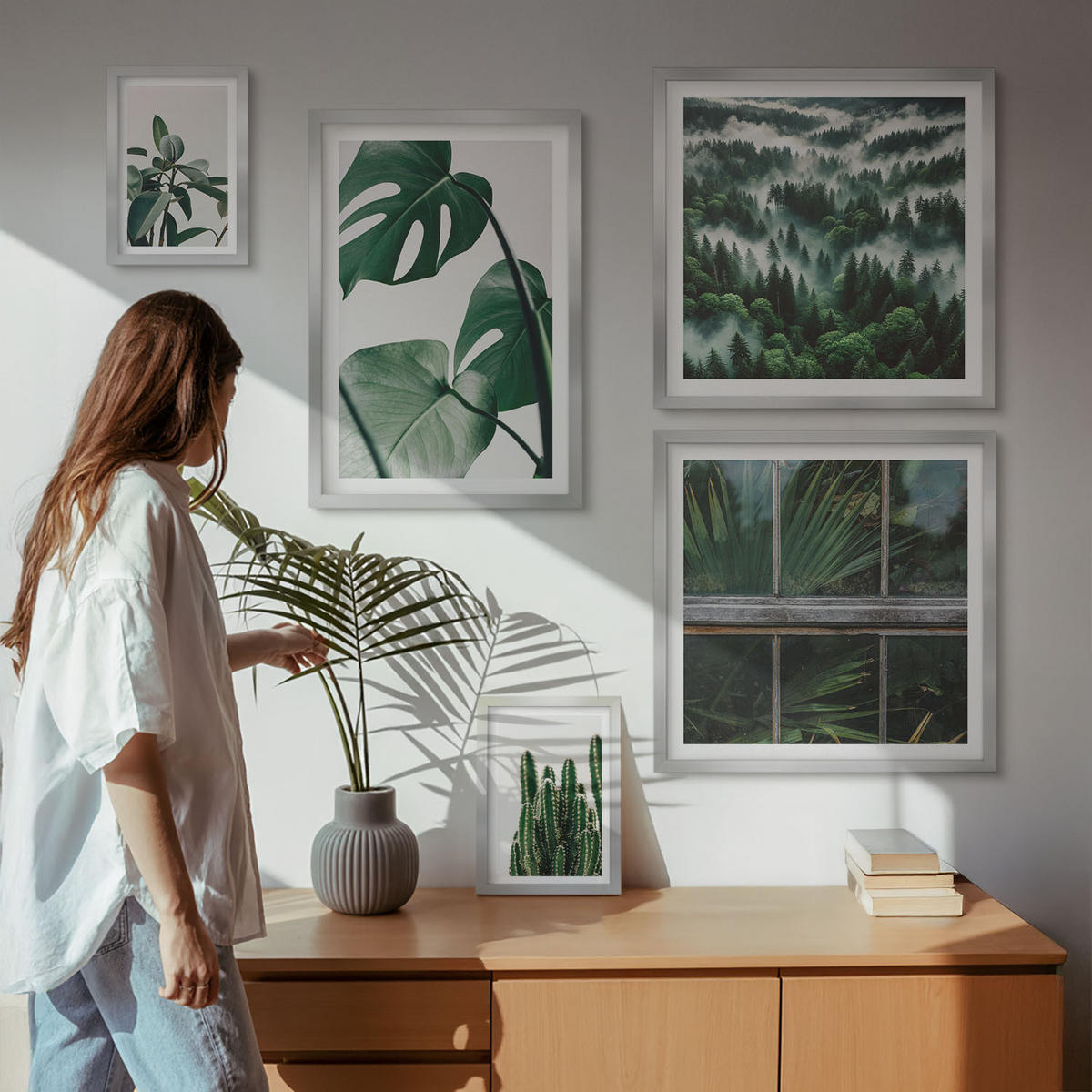 WANDBILDER 5er Set - 50x50 cm & 20x30 cm & 40x60 cm Silberner Rahmen - Ästhetik tropischer Pflanzen - Silberfarben, Kunststoff (40/60cm) - ArtPrintCave