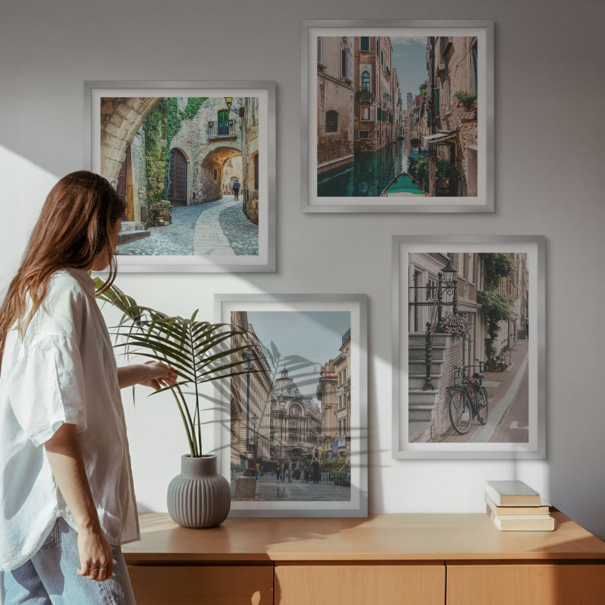 BILDER SET 4er Set - 50x50 cm & 40x60 cm Silberner Rahmen - Venezianische Straßen Wasserarchitektur - Silberfarben, Kunststoff (50/50cm) - TULUP