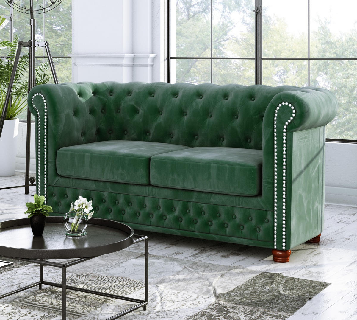 SITZGARNITUR 3+2+1 Chesterfield Lauren Flasche grün Samt - Smaragdgrün/Braun, Holz/Textil (203/72/86cm) - S-Style Möbel