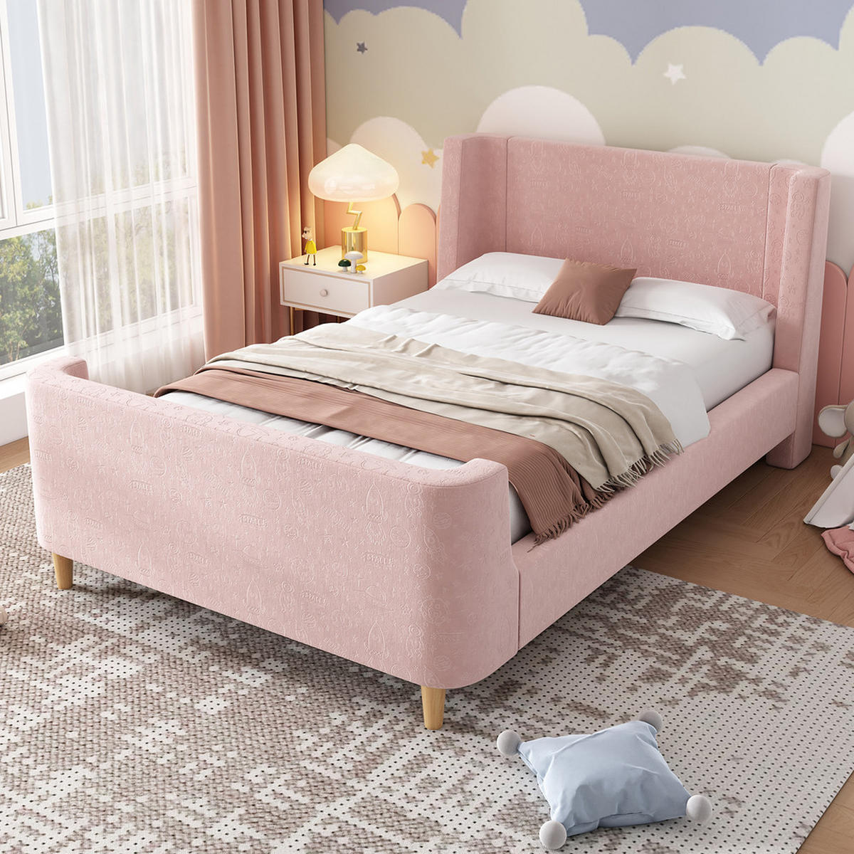 POLSTER-KINDERBETT 90x200cm Schlittenbett Kosmisches Muster Samt Rosa - Pink, Holz - FLIEKS