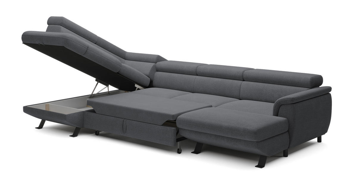 ECKSCHLAFSOFA Raven XL, Verstellbaren Kopfstützen, Bettkasten, Großes Sofa 334x198x162cm Linke, Stahl - Edelstahlfarben, Holz/Textil (198/334cm) - DomoHome