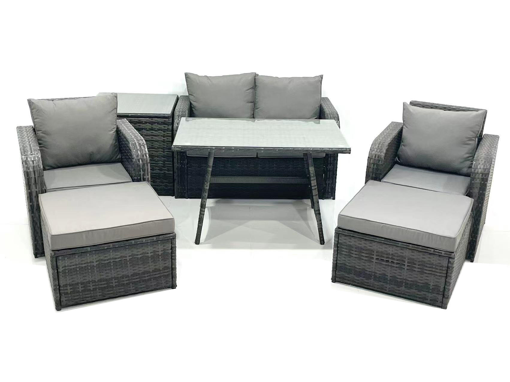 GARTENMÖBEL SET mit COUCHTISCH Polyrattan Dunkelgrau 6-Sitzer - Dunkelgrau/Grau, Glas/Kunststoff - Fimous