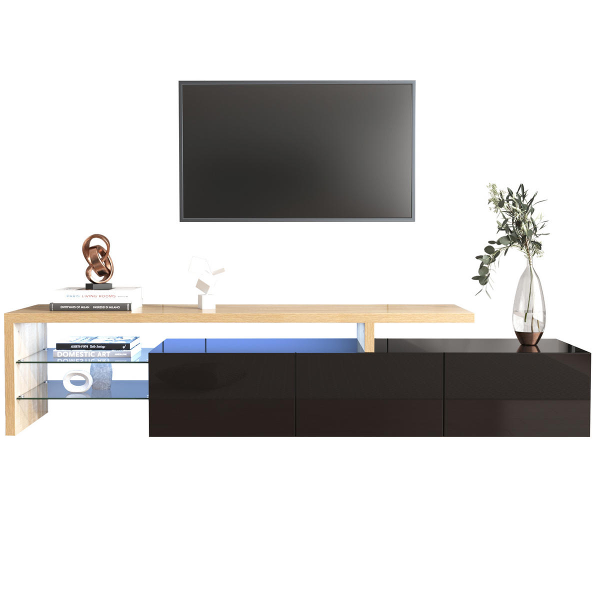 TV-LOWBOARD aus MDF und Glas 197,5x39x42 cm Natur/Schwarz mit 3 Schränken und LED-Beleuchtung - Naturfarben, Holzwerkstoff (197.5/42/39cm) - IVMEU