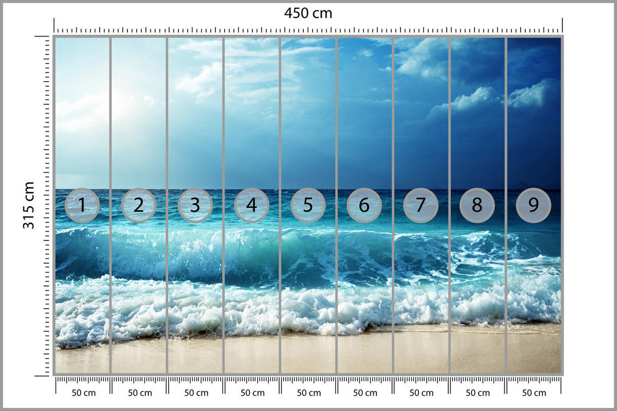 FOTOTAPETE Meer Wellen Strand Landschaft 3D 450x315 - Blau/Beige, Papier (450/315cm) - Muralo