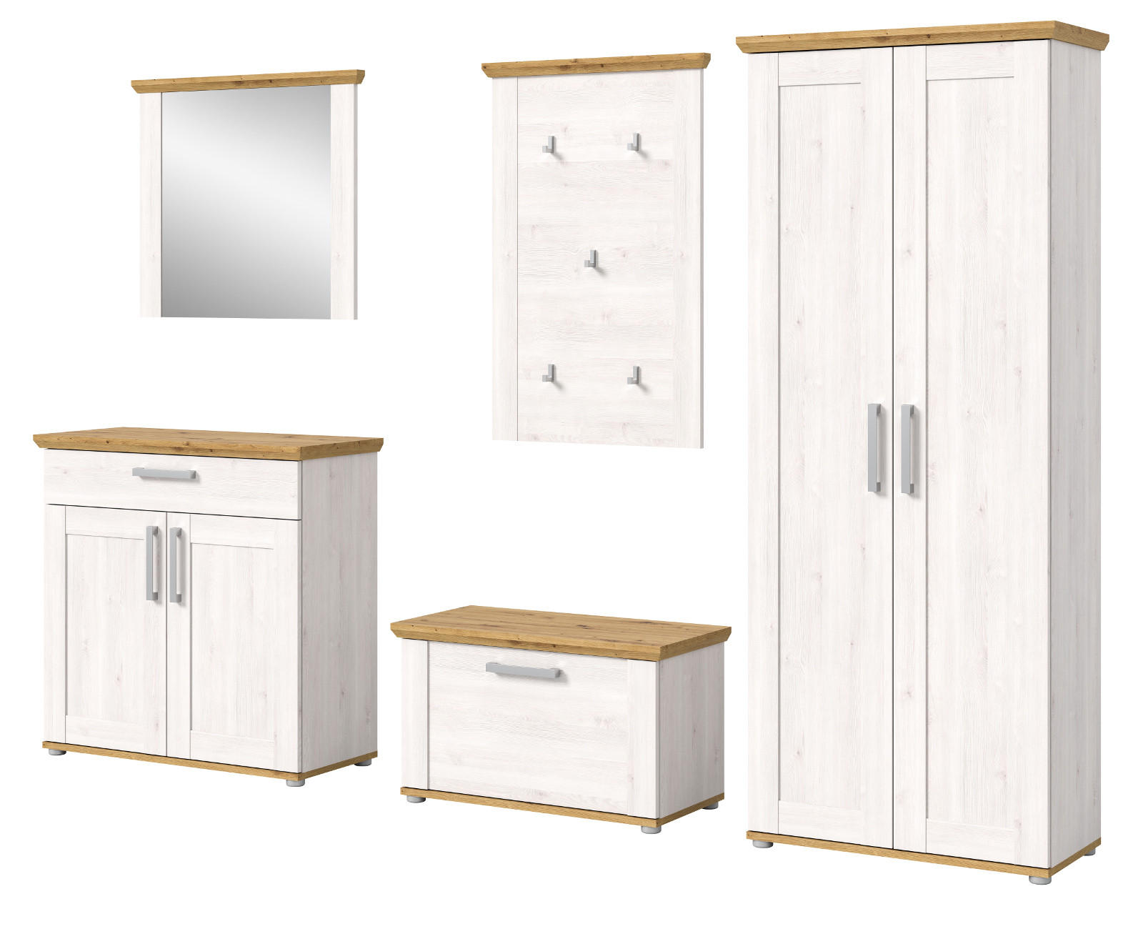 GARDEROBE Set 5-teilig weiß Lärche 285 cm, Komplettset im Landhaus-Stil - Silberfarben/Weiß, Glas/Holzwerkstoff (285/196/39cm) - Inn.Furn