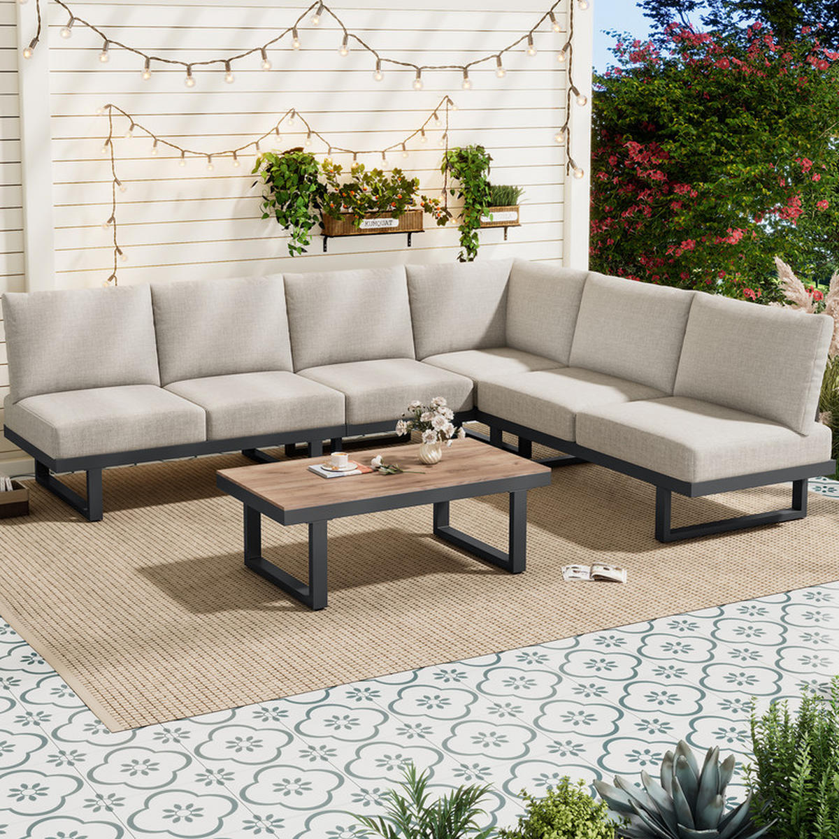 GARTENLOUNGESET GRAUBEIGE mit umwandelbarem Relaxbett und Couchtisch - Beige, Textil - BLACKCUP