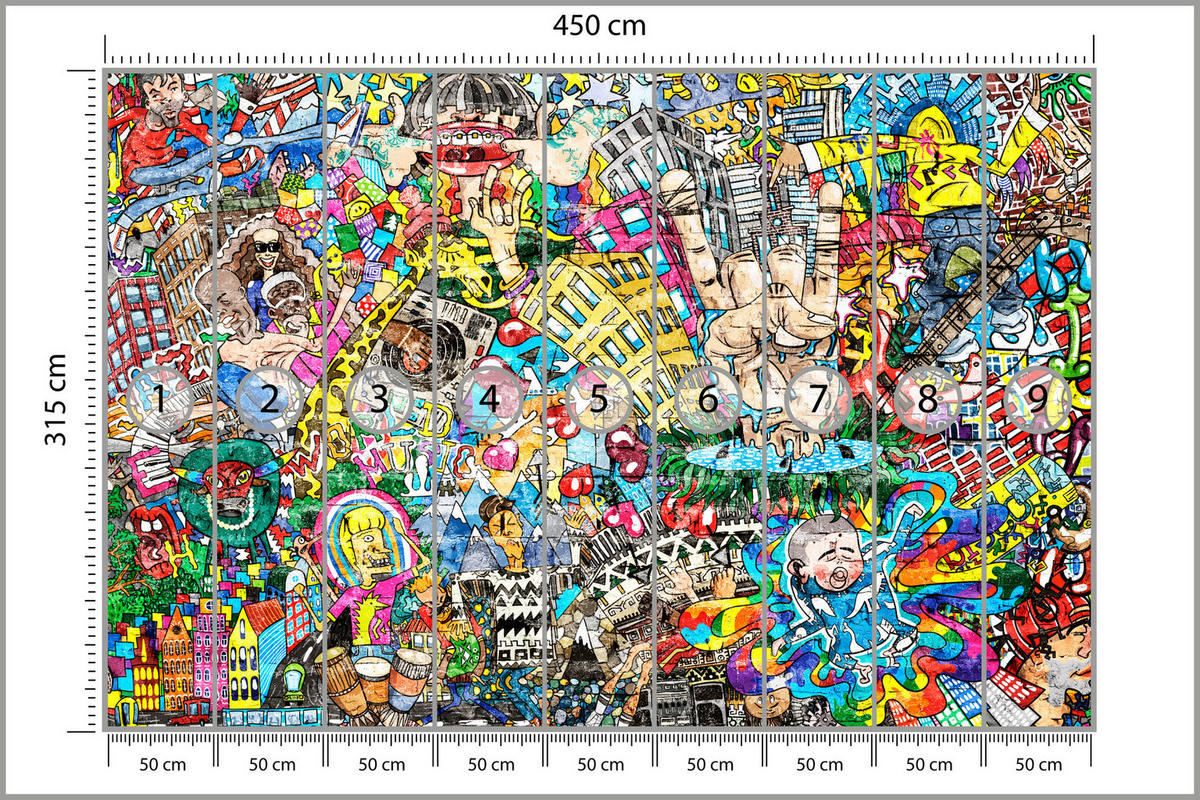 FOTOTAPETE für Jugendzimmer Buntes Graffiti Streetart Bunt 450x315 - Türkis/Gelb, Papier (450/315cm) - Muralo