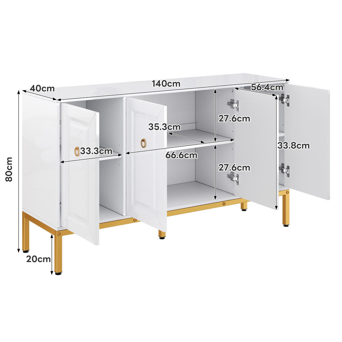 SIDEBOARD in Hochglanz Weiß mit goldenen Metallbeinen und eleganten Ringgriffen, 140/40/80 cm, Weiß/Gold - Weiß, Holzwerkstoff (140/80/40cm) - Redom