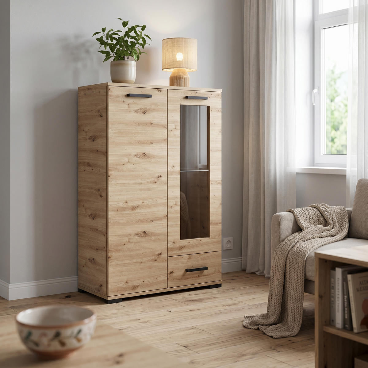 KOMMODE ALBANO 80/125/40cm mit 1 Schubladen 2 Türen Eiche Artisan - Eiche Artisan, Holzwerkstoff (80/125/40cm) - MASSENO