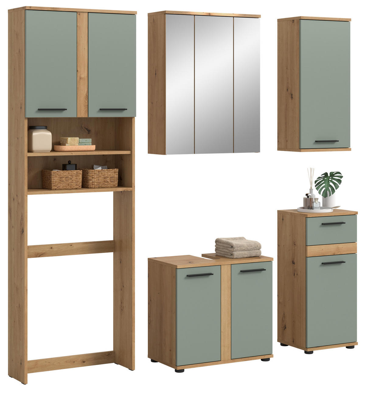 BADMÖBEL-SET 5-teilig Salbei grün, Artisan Eiche 192 cm, Badezimmerschränke mit viel Stauraum - Salbeigrün/Schwarz, Glas/Holzwerkstoff (192/191/34cm) - Inn.Furn