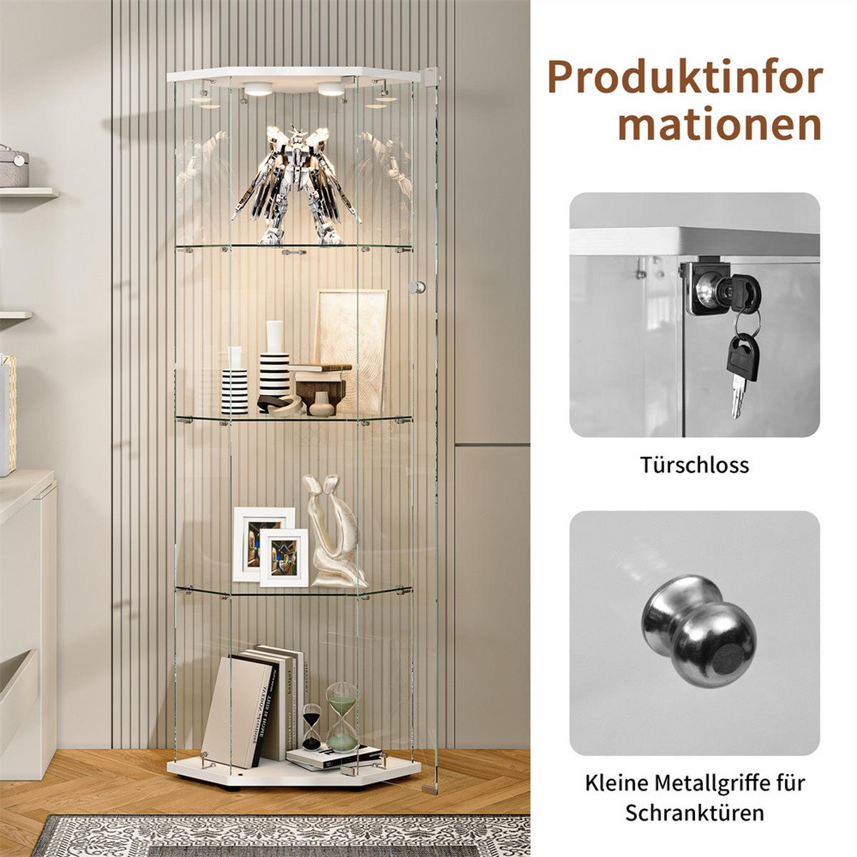 VITRINE mit LED Beleuchtung - Eckvitrine mit 4 Ebenen und 1 Tür - Glaskvitrine mit Schloss - Weiß - Weiß, Glas (60/162/42.5cm) - DELFA