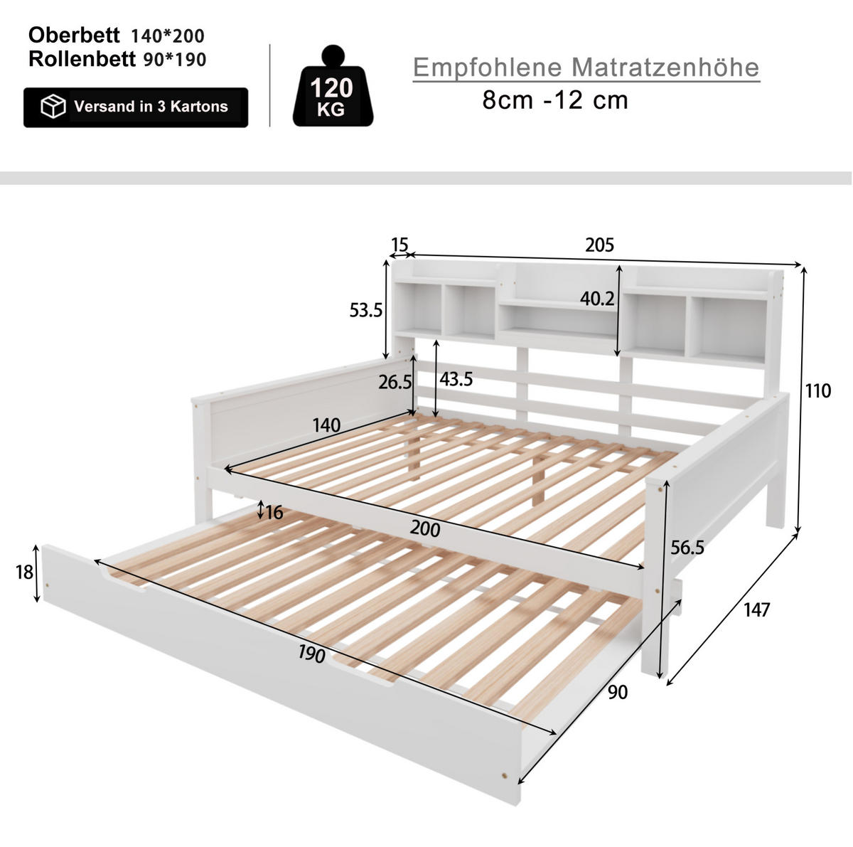 MULTIFUNKTIONSBETT 140/200 cm mit Ausziehbett, Stauraum und Lattenrost aus Kiefern , Weiß - Weiß, Holzwerkstoff (140/200cm) - Redom