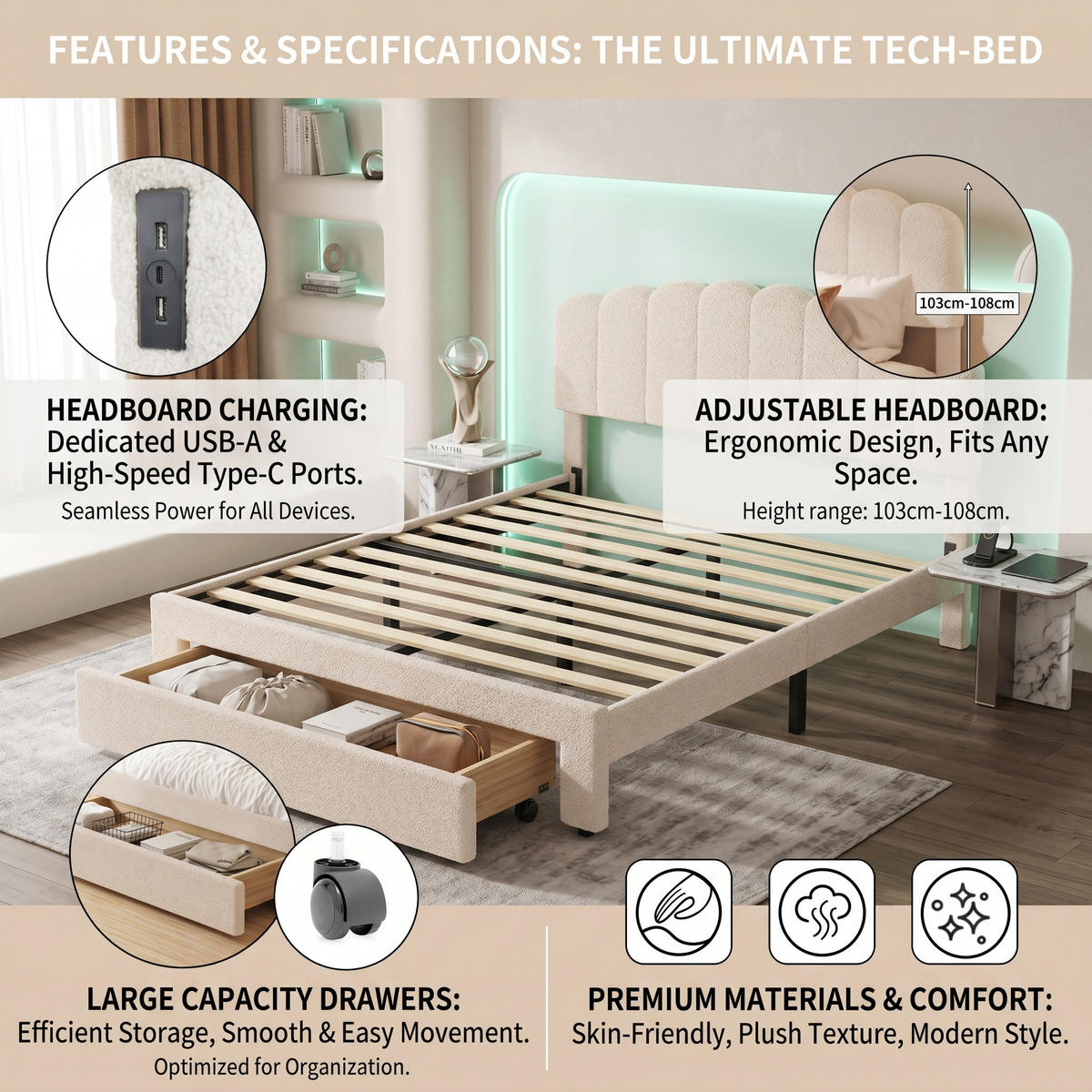 POLSTERBETT Muschel-Design 140/200 cm mit Schubkasten & USB Teddy-Fleece Beige - Beige, Textil (140/200cm) - Creahappy