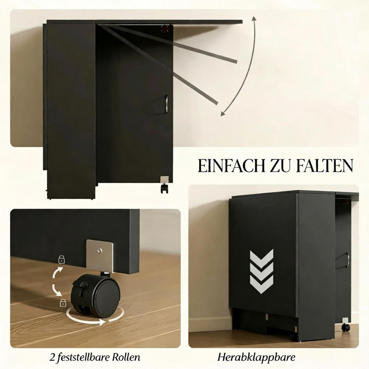 KLAPPTISCH 75-140/75/74 cm mit Rollen DE-39948 Schwarz - Schwarz, Holzwerkstoff (75/140/74cm) - ComfortXL