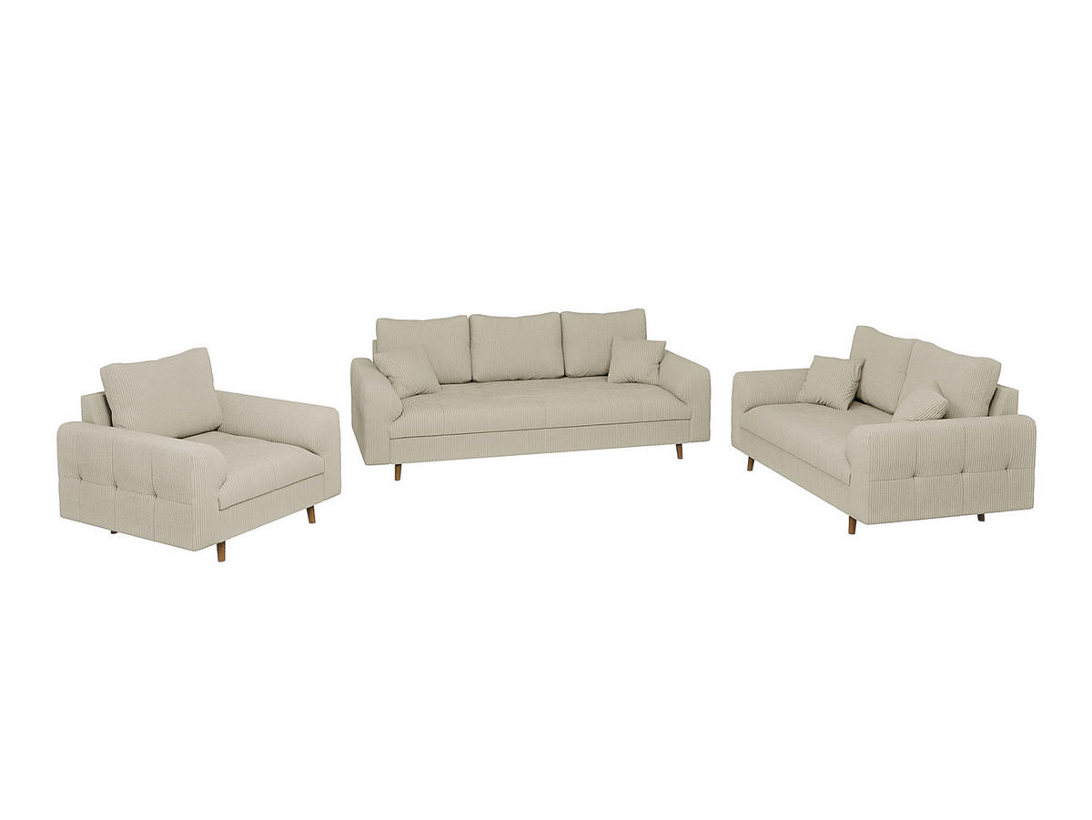 SITZGARNITUR 3+2+1 Alma Beige Cord - Beige/Schwarz, Holz/Textil (210/81/93cm) - S-Style Möbel