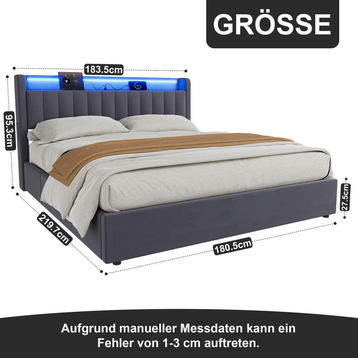 POLSTERBETT 180x200cm mit abgerundeten Kanten,mit Bettkasten und LED-Beleuchtung,Grau - Grau, Holzwerkstoff/Textil (180/200cm) - EVRYAE
