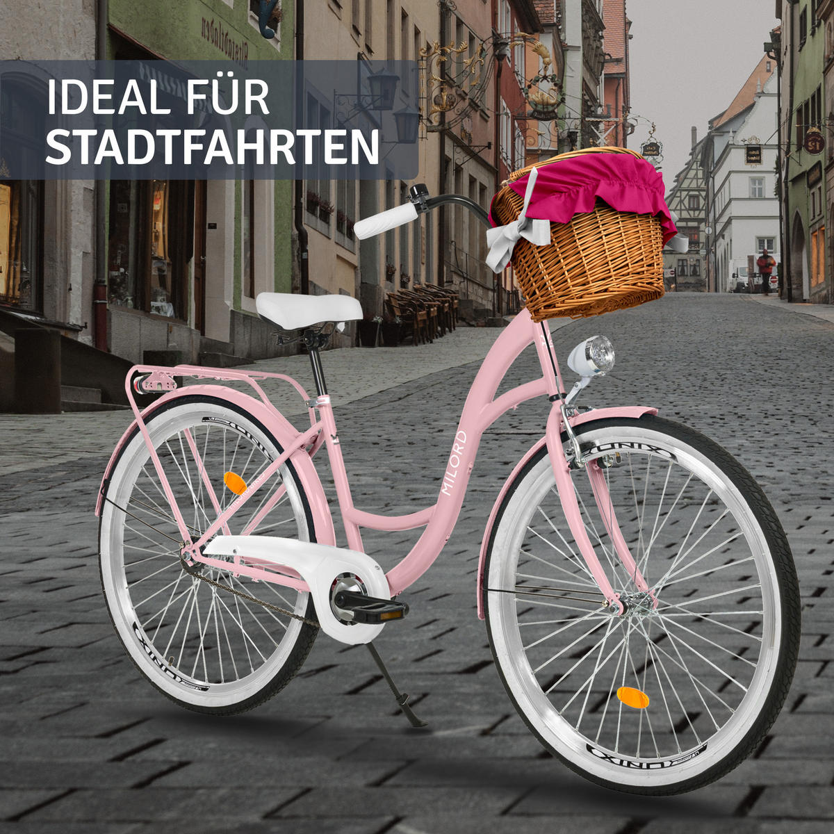 CITY-FAHRRAD Milord mit Weidenkorb, 26 Zoll, Rosa, 1-Gang - Pink, Metall (46cm) - Milordbikes