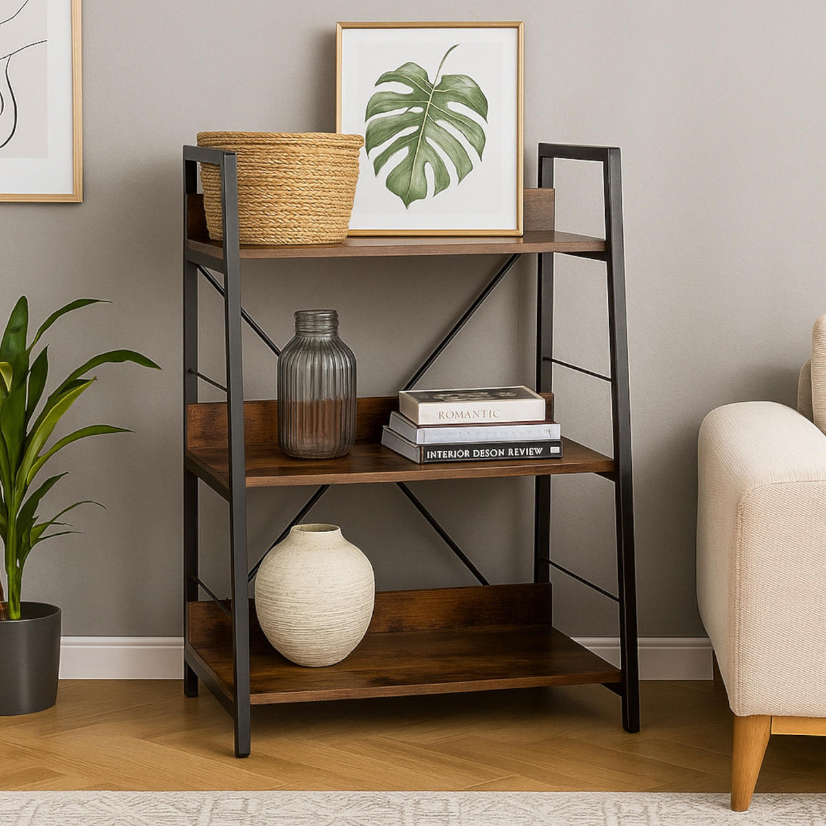 STANDREGAL Holzoptik Metall Dunkelbraun Schwarz 3 Ebenen 61x35x84 cm - Dunkelbraun/Schwarz, Holzwerkstoff/Metall (61/84/35cm) - Begryf