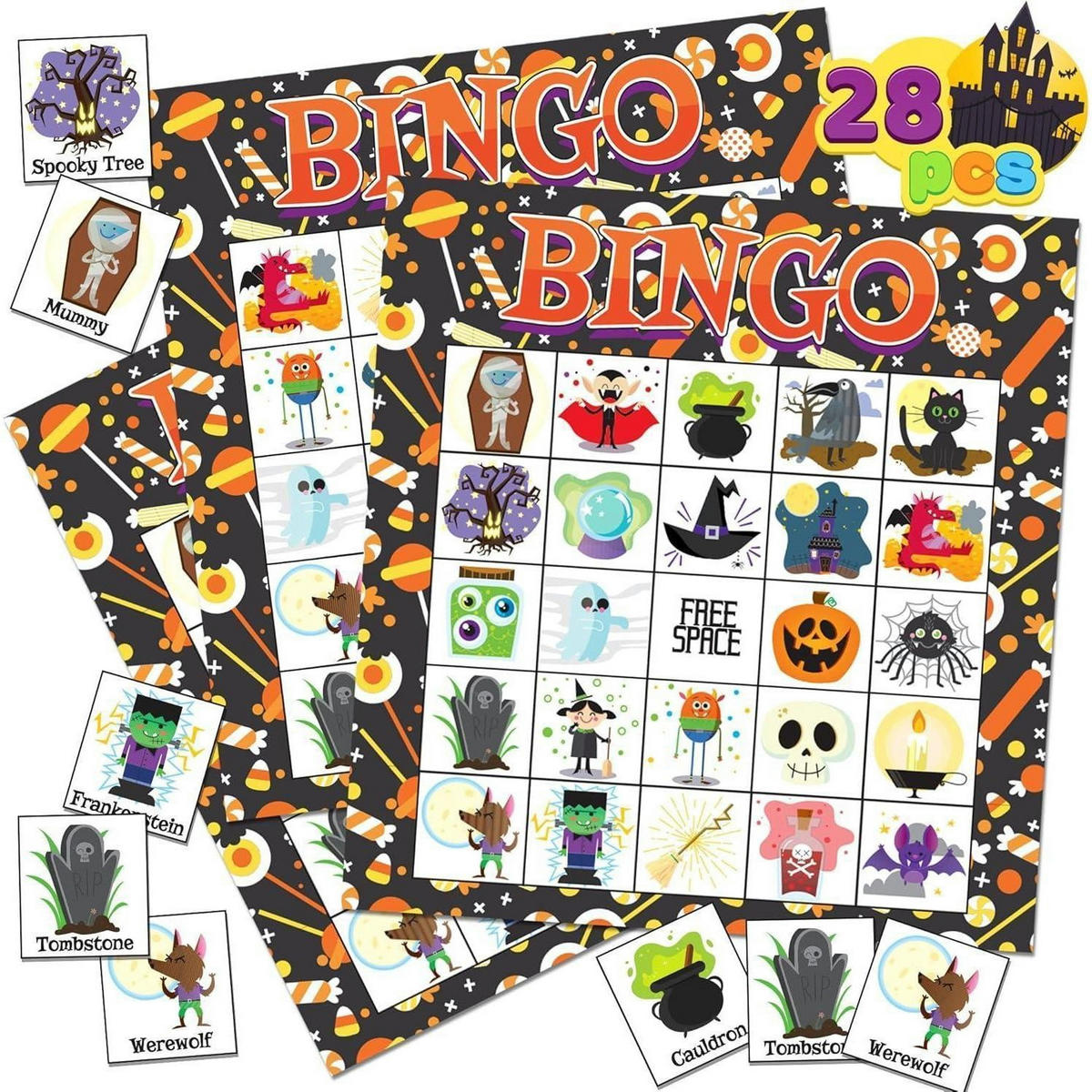 BINGO-SPIELSET Halloween 28 Spieler - Multicolor, Karton (16.6/17.6cm)