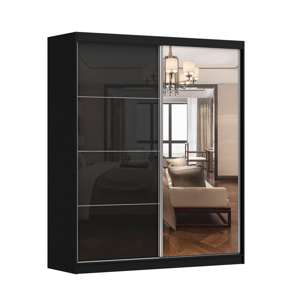 SCHWEBETÜRENSCHRANK Multi 31 Schwarz/Schwarz + Spiegel 183 cm - Schwarz/Alufarben, Glas/Holzwerkstoff (183/218/61cm) - imoebel24