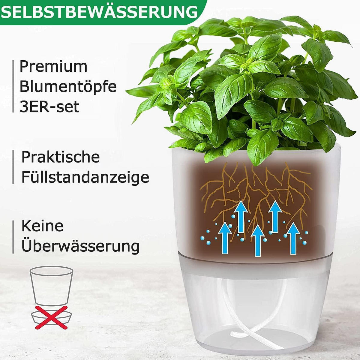 KRÄUTERTOPF 3er-Set selbstbewässernd weiß - Weiß, Kunststoff (15/18/15cm)