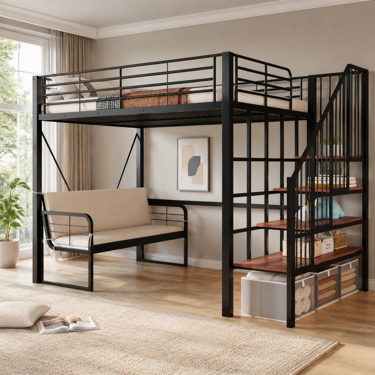 HOCHBETT 140/200 mit Polstersofa, Stauraumtreppe und Stauraum in Schwarz - Schwarz, Holzwerkstoff/Metall (140/200cm) - EVRYAE