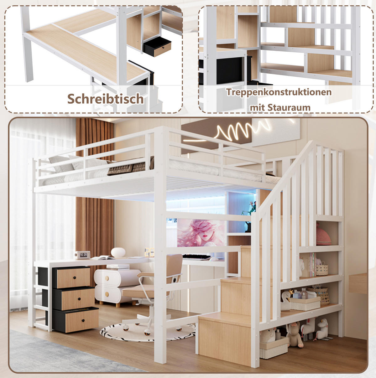 HOCHBETT 140/200 cm Weiß mit LED und Schreibtisch - Weiß, Metall (140/200cm) - MIVRAY