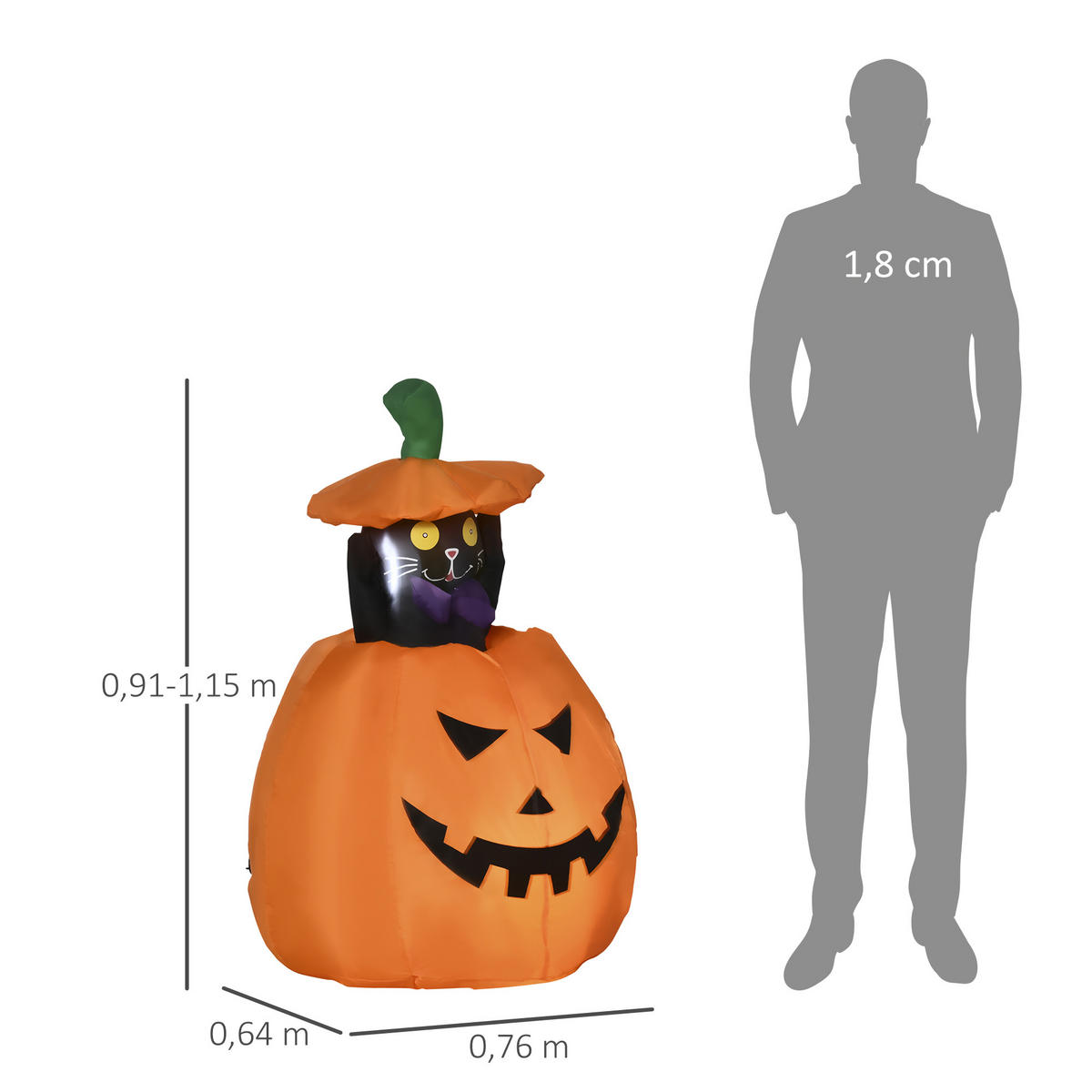 HALLOWEEN AUFBLASBARER KÜRBIS, Orange, Polyester-Gewebe - Orange, Kunststoff (64/115/76cm) - Outsunny