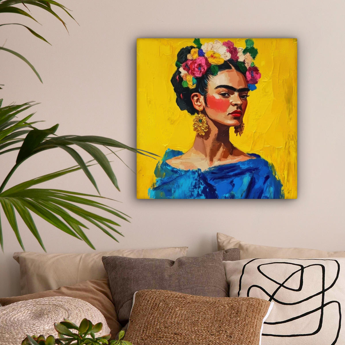 LEINWANDBILD Frida Kahlo - Frau - Gelb - Blau - Blumen 50x50 cm - Gelb, Textil (50/50cm) - MuchoWow