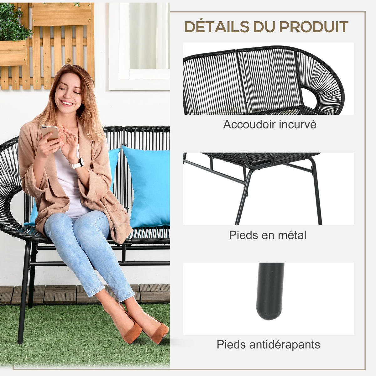 GARTENBANK DE-13592 2-Sitzer mit Seilgeflecht und 2 Kissen Schwarz - Schwarz, Metall (132/83/72cm) - ComfortXL