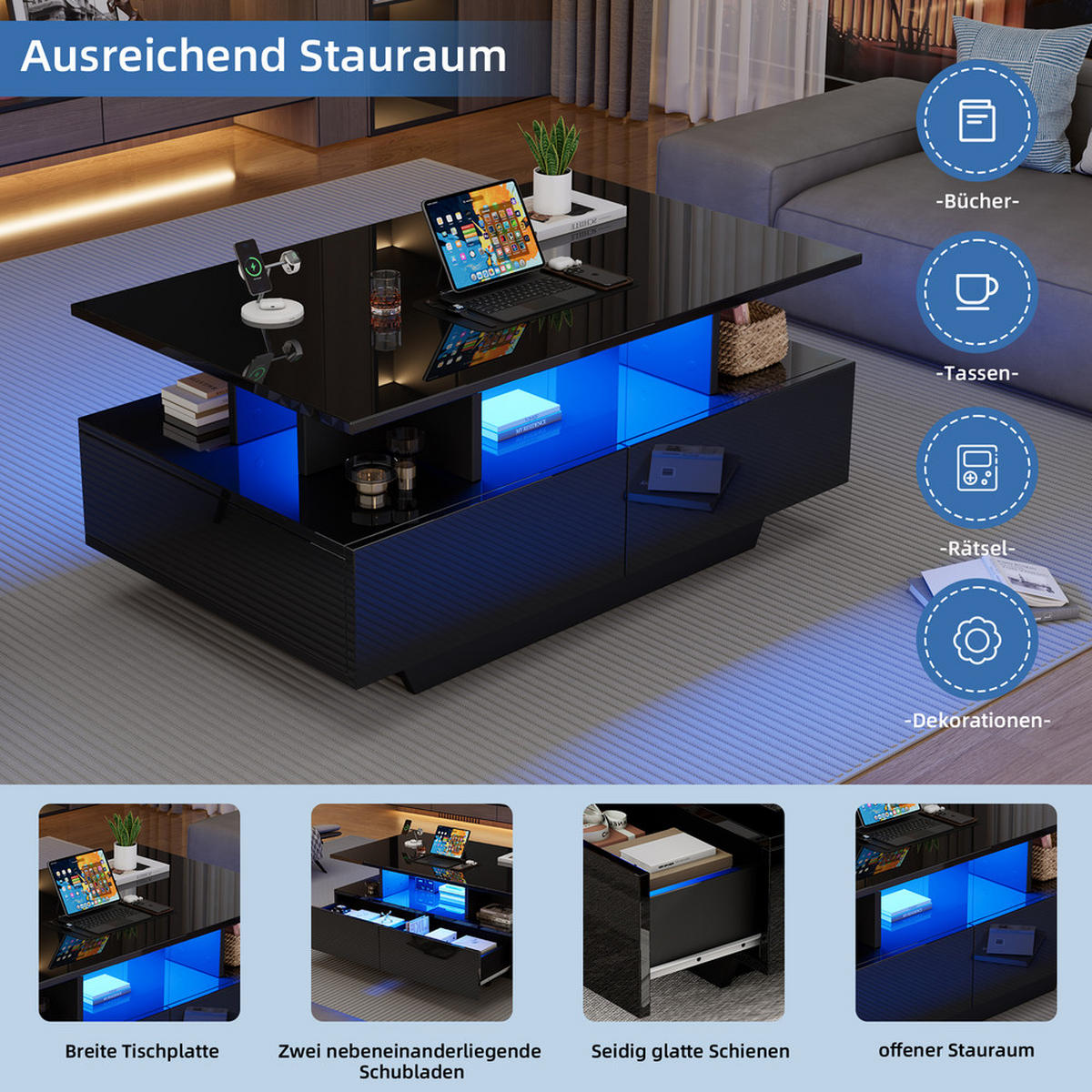 COUCHTISCH 90x55cm Schwarz Hochglanz LED 2 Schubladen Stauraum 30kg Belastbar - Schwarz, Holz (90/55/41cm) - FLIEKS