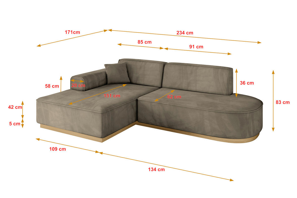 ECKSOFA Ottomane Links IREA-L1-v2 - 234x171x83 cm Braun - Braun, Holzwerkstoff/Textil (234/171cm) - ALTDECOR