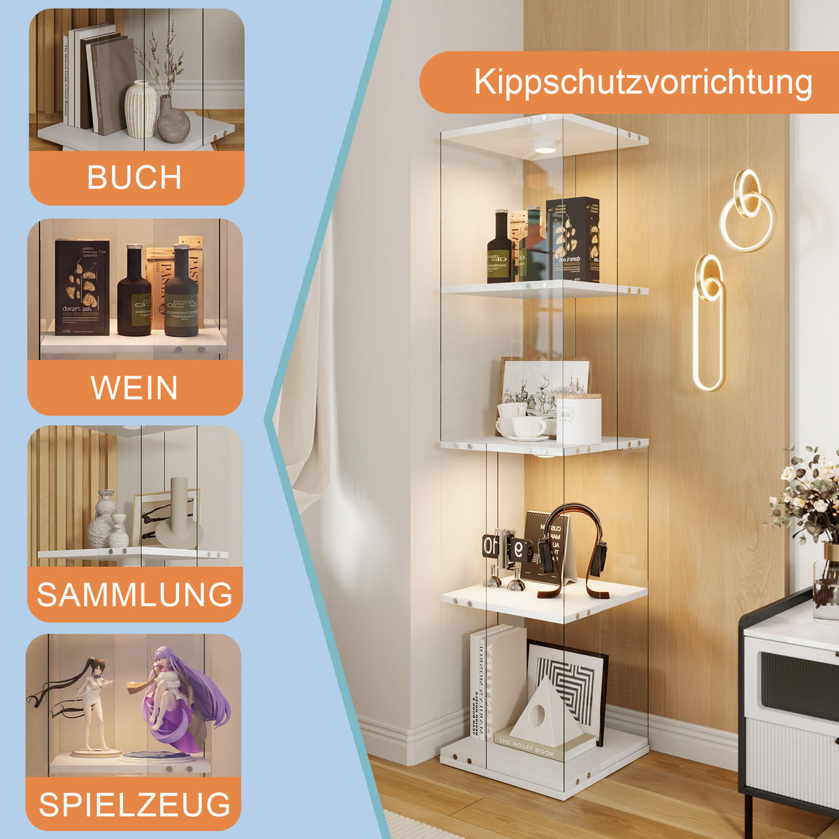 GLASVITRINE mit 4 Einlegeböden, 360-Grad-Drehbasis, Berührungs-LED, in Weiß - Weiß, Glas (38/160/38cm) - BRILVERDE
