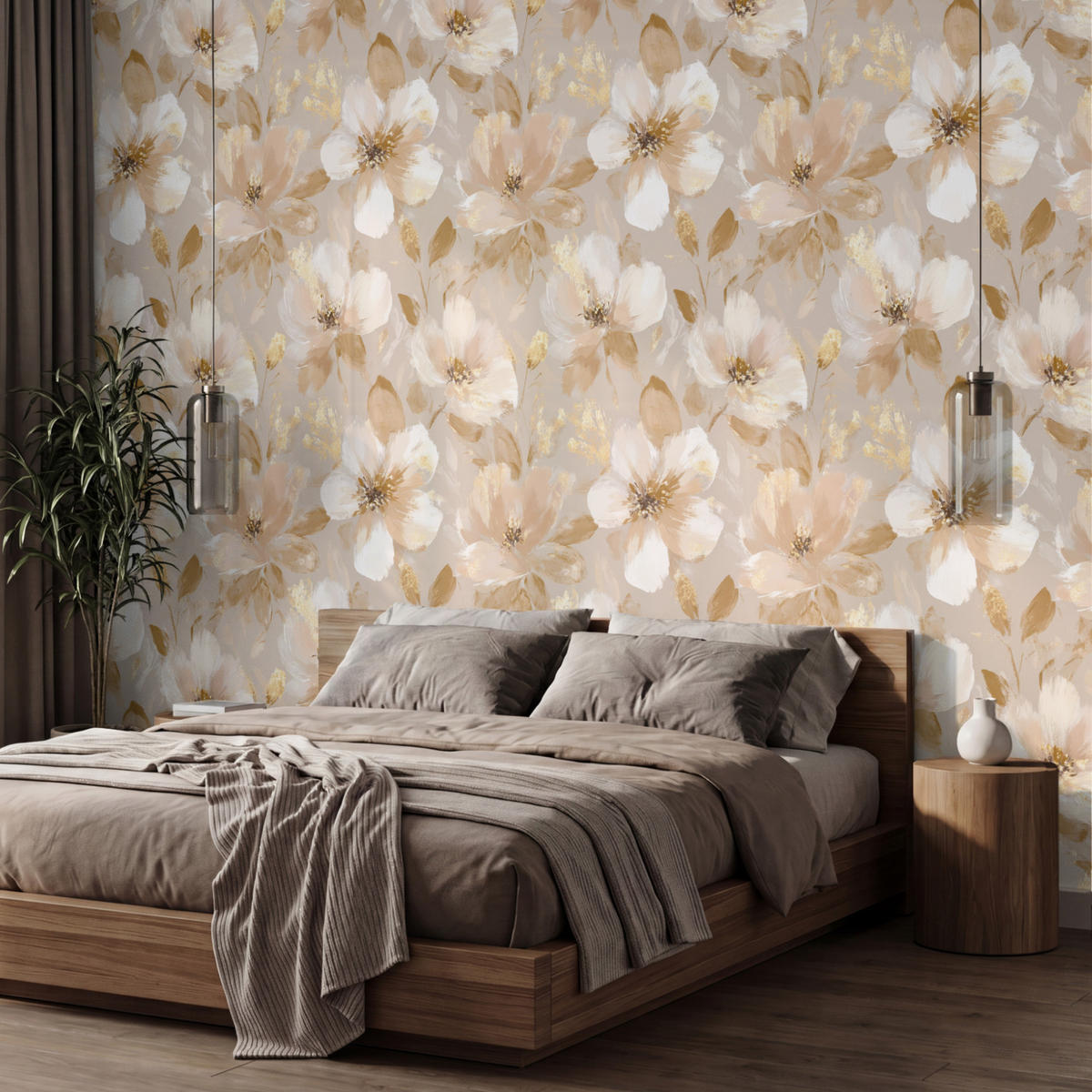 TAPETE - Blumen - künstlerisch - Gold - 450x300 cm - Beige, Papier (450/300cm) - OnlyWow