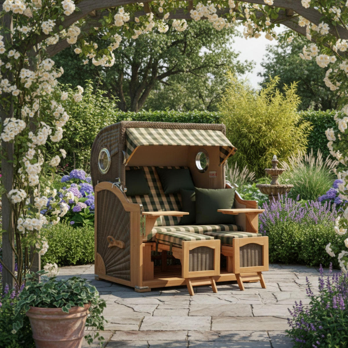 STRANDKORB Düne Grande Bullauge Teak PE Grey Dessin 506 - Braun/Grau, Metall (142/170/95cm) - Mr. Deko