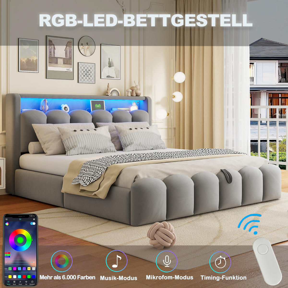 POLSTERBETT 180x200 cm LED USB Stauraum grau - Grau, Textil (180/200cm) - LEBENLANG