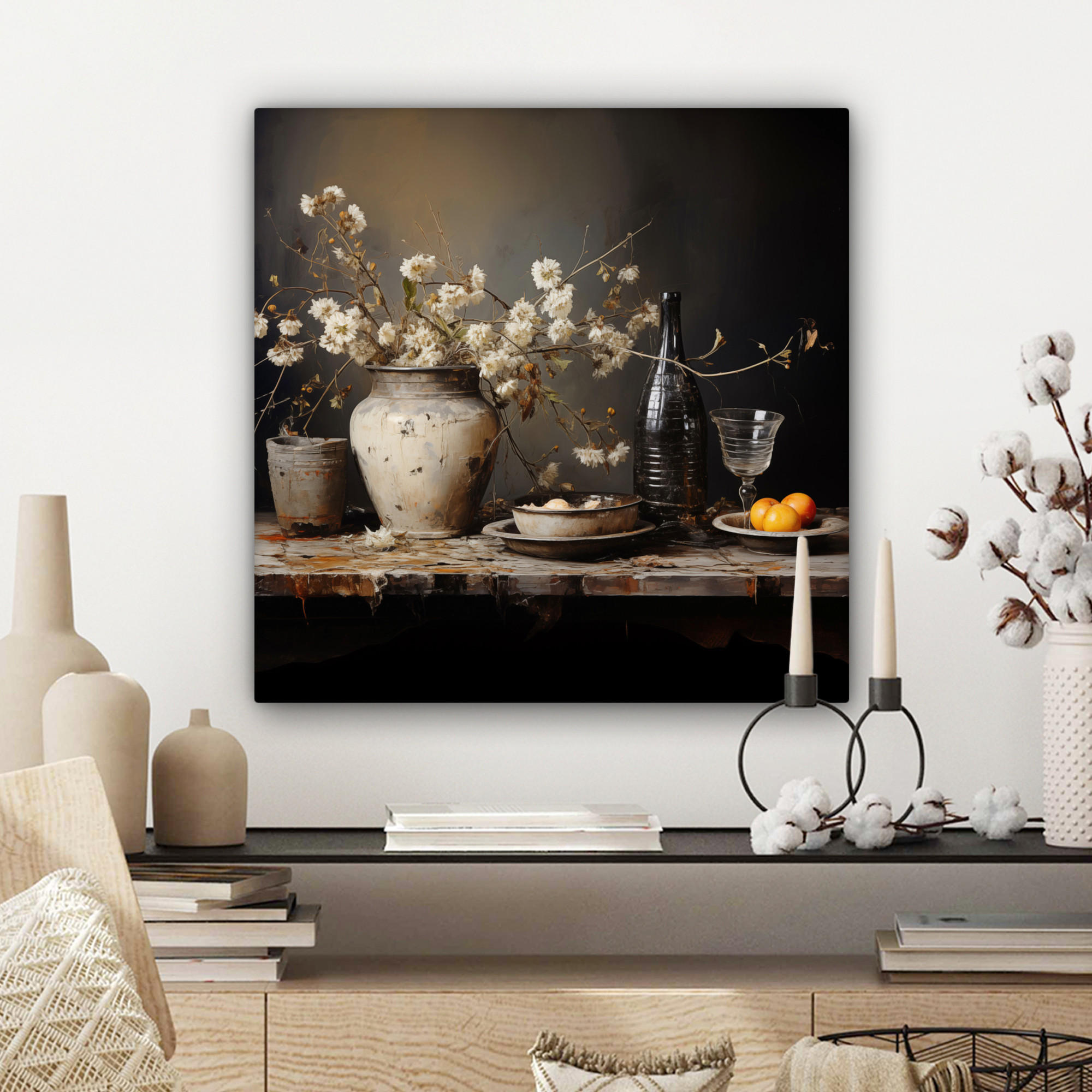 LEINWANDBILD Stilleben - Blumen - Blumenstrauß - Vase - Wein 50x50 cm - Schwarz, Textil (50/50cm) - MuchoWow