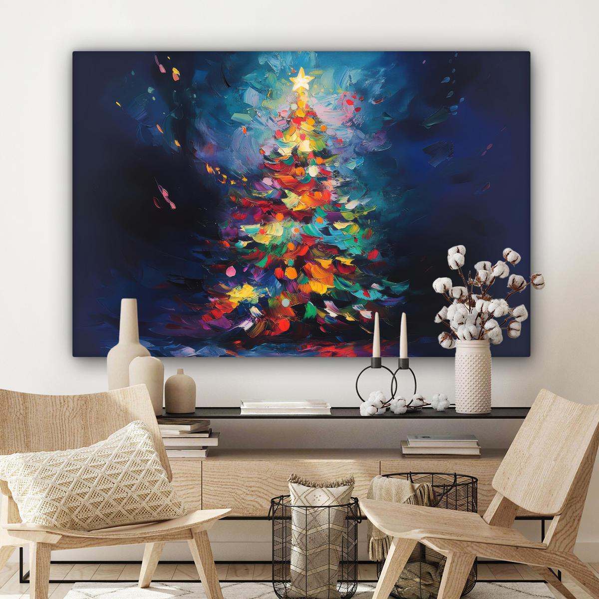 LEINWANDBILD Weihnachtsbaum - Weihnachten - Abstrakt - Farbenfroh XXL 150x100 cm - Multicolor, Textil (150/100cm) - MuchoWow