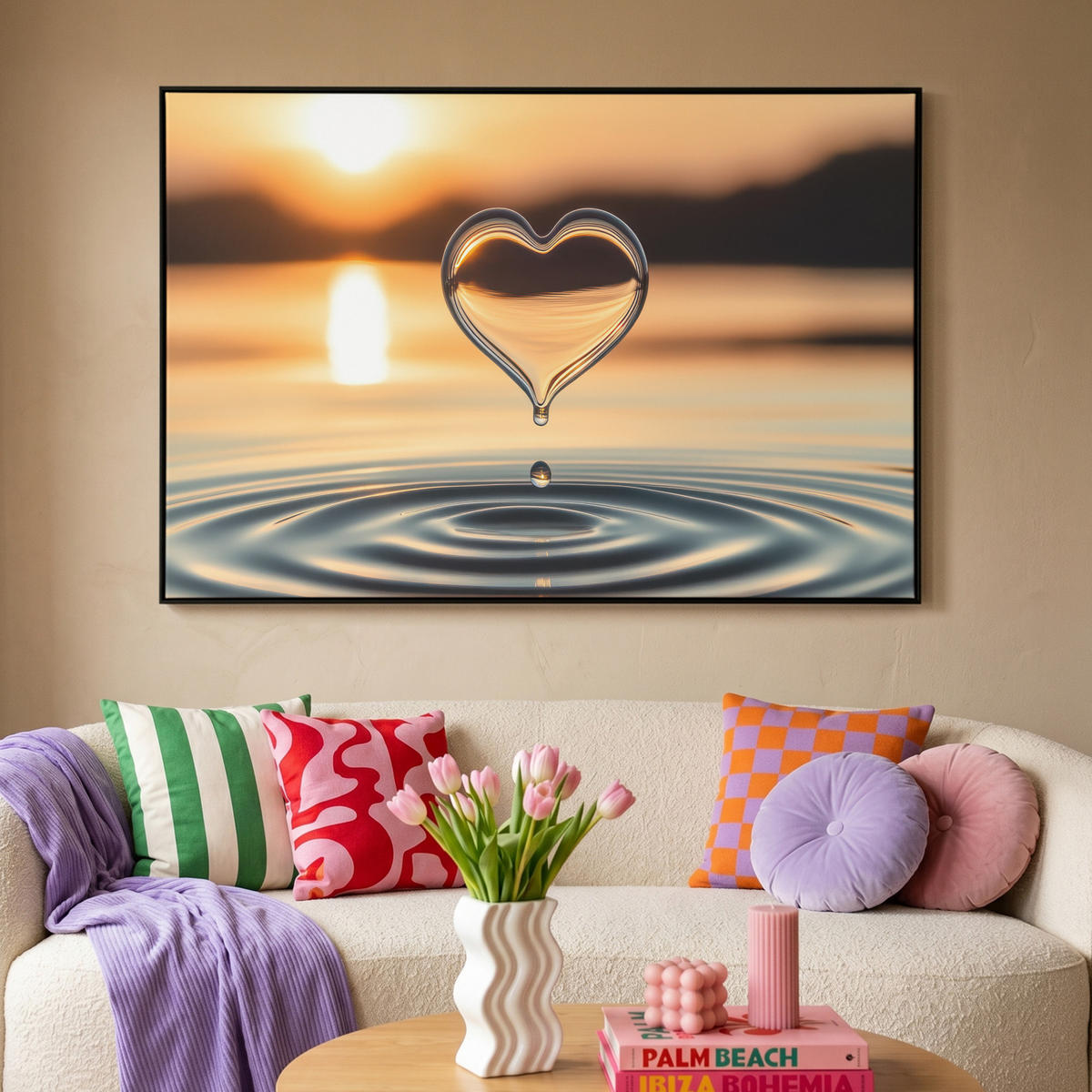 LEINWAND Bilder mit Rahmen - Herz - Wasser - Sonnenuntergang - Natur - Zen - 150x100 - Bernsteinfarben, Textil (150/100cm) - MuchoWow