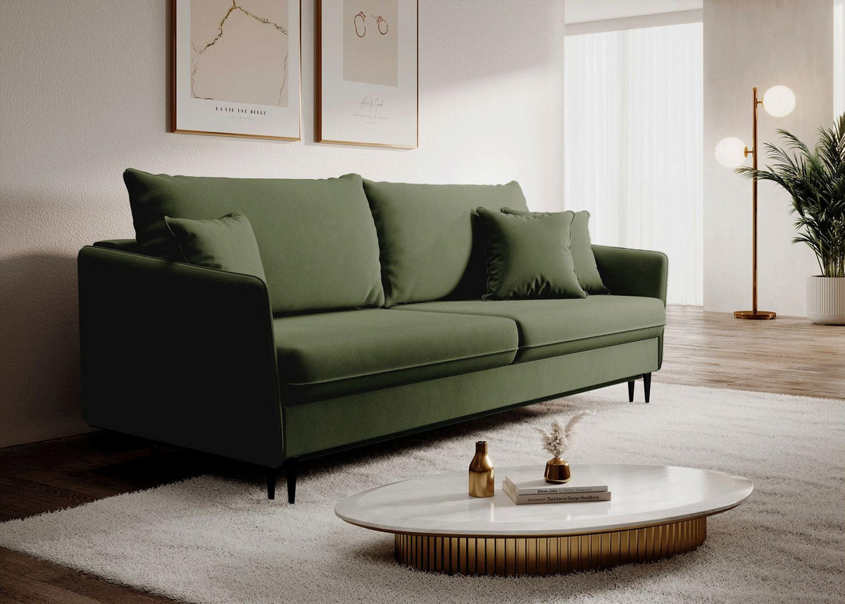 3-SITZER SCHLAFSOFA Volio Samt Olivgrün - Schwarz/Olivgrün, Textil/Metall (221/90/100cm) - Selsey